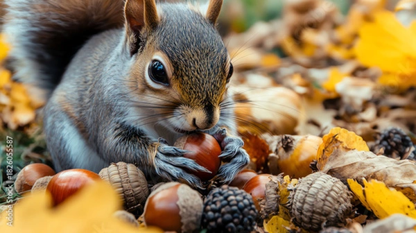 Obraz Closeup squirrel with acorn and fruit mix, soft forest texture