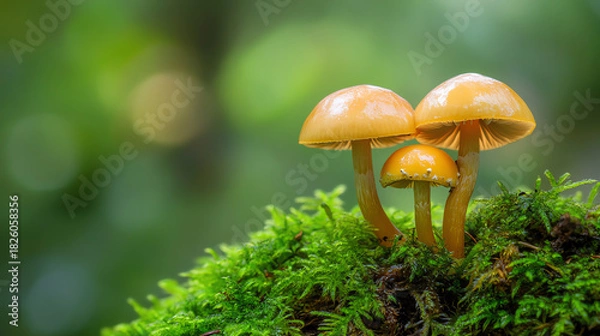 Obraz Macro fungi emerging from moss, smooth blurred background