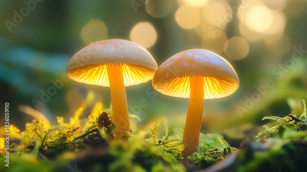 Obraz Macro tiny mushrooms glowing in soft forest light
