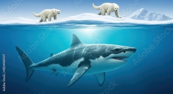Obraz Polar clash underwater encounter featuring a great white shark and polar bears in the arctic ocean