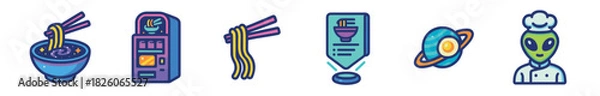 Obraz Six vibrant cartoon icons illustrating a cosmic noodle bowl with chopsticks, a futuristic ramen vending machine, a holographic menu, a ringed planet, and a friendly alien chef