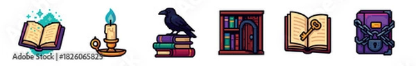 Fototapeta A set of pixel art icons illustrating fantasy and magical elements, featuring an enchanted book, a glowing candle, a raven on books, a bookshelf, a book with a key, and a chained grimoire