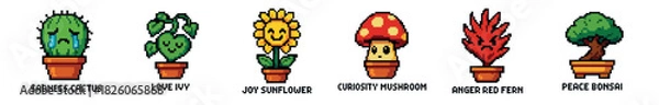 Obraz Six charming pixel art potted plants and fungi, each characterfully depicting a distinct emotion including sadness, love, joy, curiosity, anger, and peace, rendered in a vibrant retro video game style