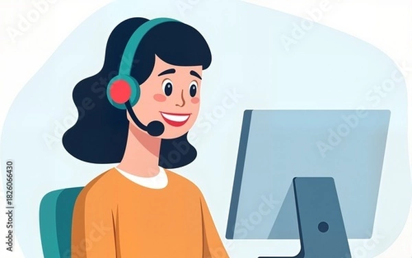 Obraz Customers care worker. Call center consultant talking phone with client, customer service support, contact information, assistant manager support, icon garish png illustration. High quality
