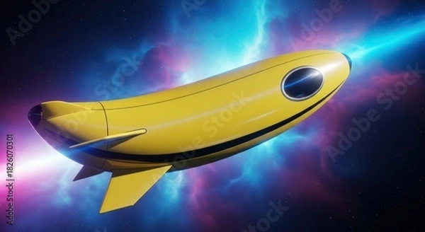 Obraz Whimsical banana spaceship hurtling through a colorful cosmic nebula landscape