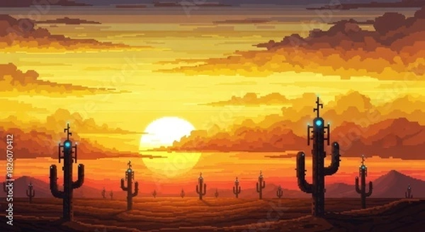 Obraz Pixelated southwestern desert landscape showcasing futuristic cactus under a vibrant golden sunset