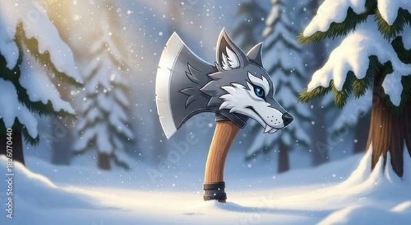 Obraz Stylized wolf head axe illustration in a snow covered forest with falling snow creating a magical