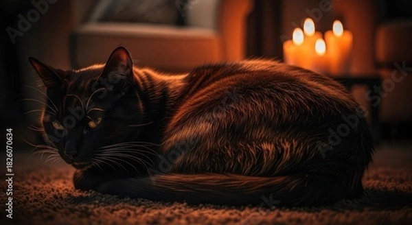 Obraz Cozy domestic scene with a sleek black cat resting near softly glowing candles