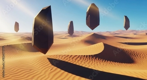 Obraz Surreal desert landscape with floating geometric monoliths under a clear blue sky