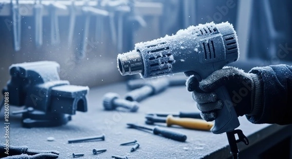 Obraz Chilling workspace: A heat gun and hand tools covered in frost in cold workshop scene