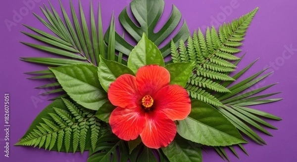 Fototapeta A vibrant red hibiscus flower is centered among a variety of lush green tropical leaves, including monstera and ferns, arranged on a striking purple background.
