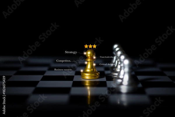 Fototapeta Golden pawn highlighted with business keywords on chessboard symbolizing leadership, strategy, competition, and critical decision-making.