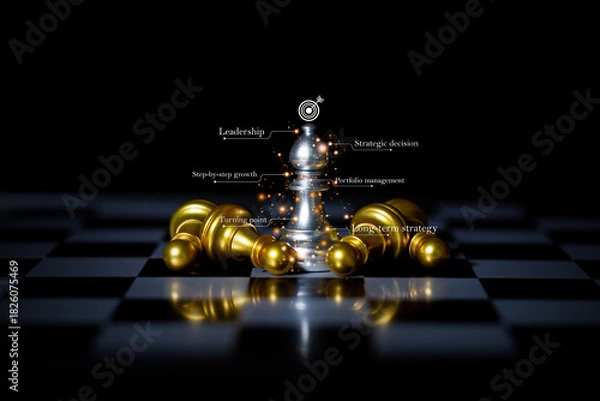 Fototapeta Silver king surrounded by golden pawns on chessboard symbolizing leadership, long-term strategy, growth, portfolio management, and strategic decision-making.