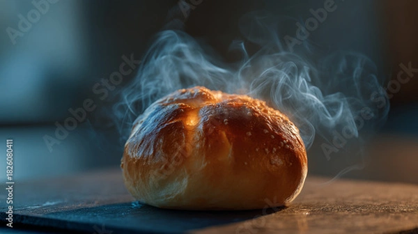 Fototapeta A close up shot of a freshly baked bread roll with steam rising from the top side