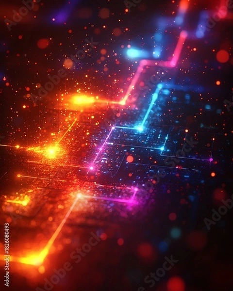 Fototapeta Abstract colorful neon light lines glowing technology background digital art wallpaper design graphic design