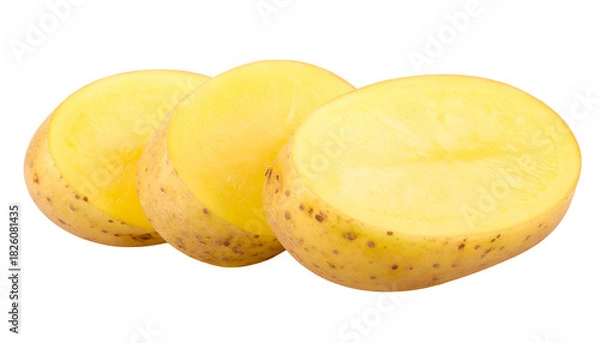 Fototapeta Three potato halves, sliced and arranged, showcasing the textured skin and yellow flesh