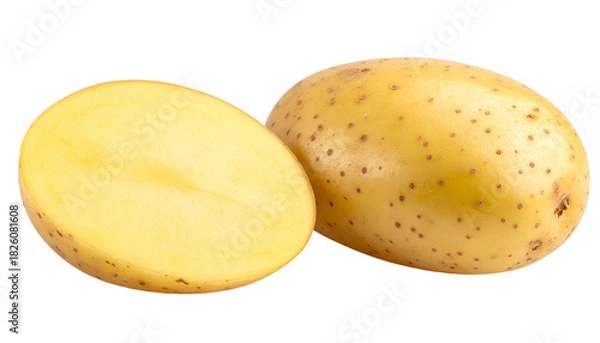 Fototapeta Close-up studio shot of a raw potato cut in half, revealing inner texture and skin