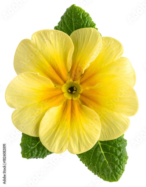Fototapeta Close-up of a vibrant yellow flower with textured petals, and two green leaves