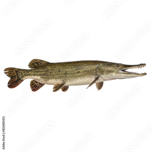 Obraz Detailed illustration of a Northern Pike fish with sharp teeth and long snout isolated on black