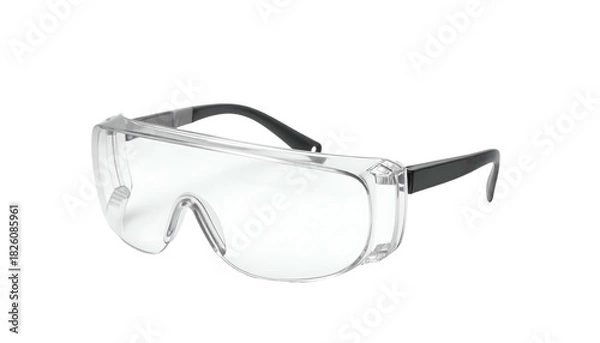 Fototapeta Close-up of protective eyewear with clear lenses and dark arms, isolated on black