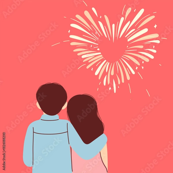 Fototapeta Happy couple watching heart fireworks . Holiday flat vector illustration. Relationship and celebration concept for banner, website design or landing web page . Valentine s day card .