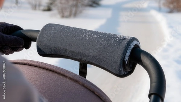 Obraz Close-up of a stroller handle with a warm cover lightly dusted with snow, highlighting a stroller handle warmer for child comfort and winter walks