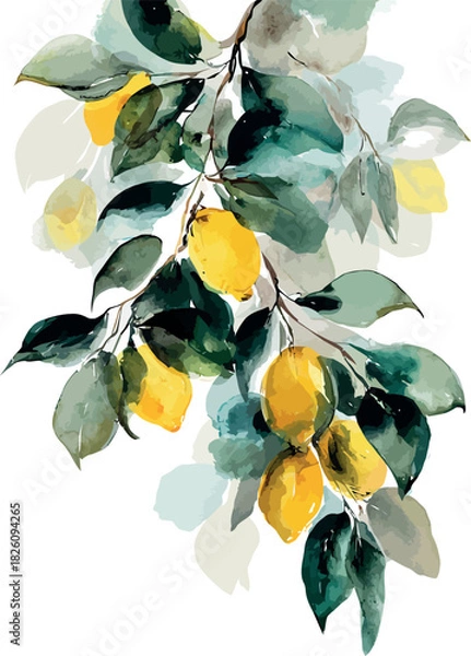 Fototapeta Vibrant watercolor depiction of a lemon tree full of ripe fruits and lush green leaves under sunlight - vector illustration