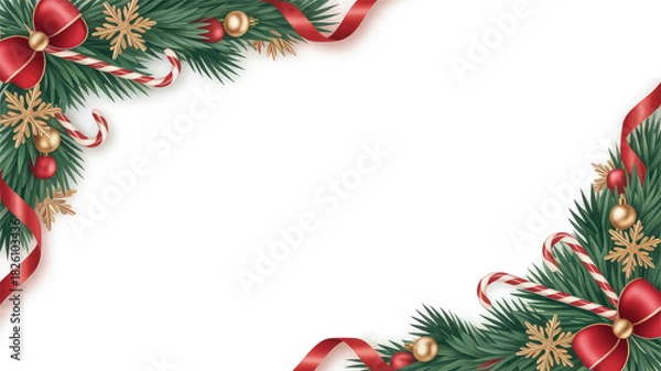 Obraz Christmas Frame with Pine Branches and Festive Decorations
