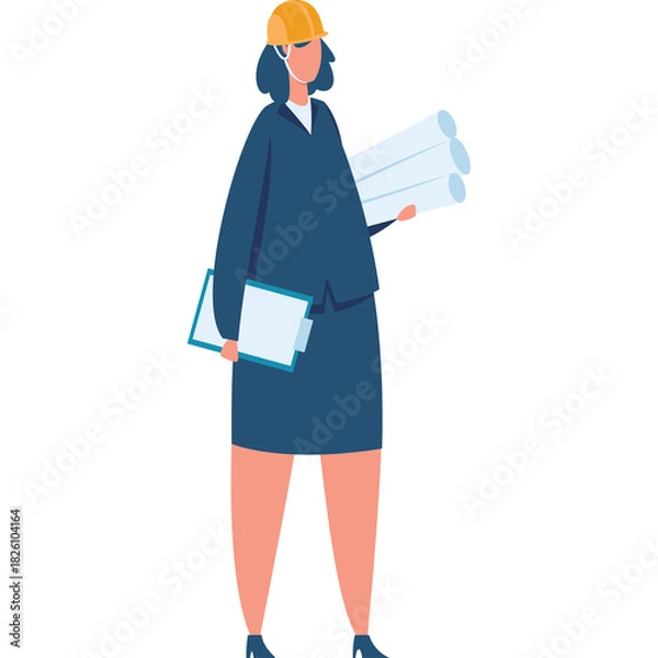 Obraz Woman Architect in Navy Blue Suit and Orange Hard Hat Holding Blueprints and Clipboard Standing Against Transparent Background Professional Female Engineer Ready for Construction Project Planning and