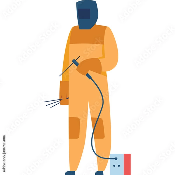 Fototapeta Welder In Orange Protective Suit Holding Welding Torch With Sparks And Connected To Welding Machine On Transparent Background