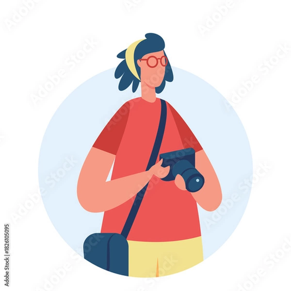 Obraz Young Person With Camera Wearing Red Shirt Yellow Shorts And Blue Bag Holding Digital Camera Ready To Take Photo Isolated On Transparent Background
