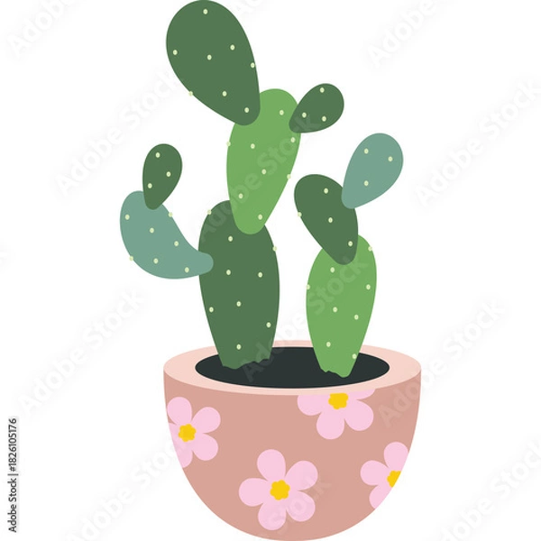 Obraz Potted Prickly Pear Cactus With Green Pads And Small White Spines In A Pink Floral Pot With A White Background