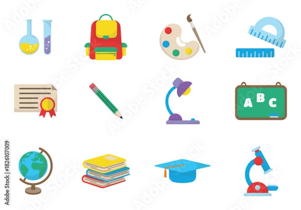 Fototapeta Bundle of cute cartoon isolated illustrations of stacks of books, rulers, bags, chalkboards and more for back to school themed graphic elements. Vector icons with a school learning theme.