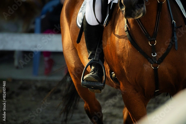 Obraz woman's leg in white trousers in a stirrup, riding clothes and boots, close-up. Dressage, equestrian competition