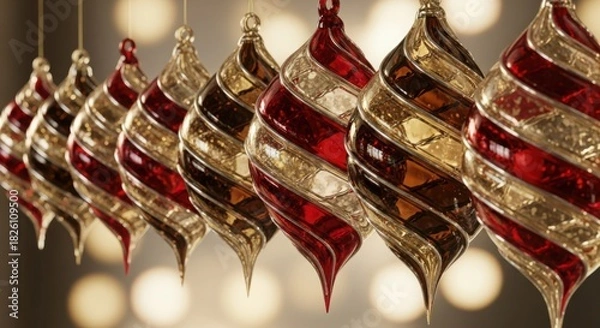 Fototapeta Elegant red and gold spiral christmas ornaments hanging for a festive holiday