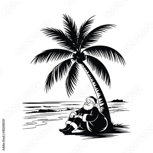 Obraz Santa Claus relaxing under a tropical palm tree with gift sack on a beach silhouette illustration, Perfect for tropical Christmas designs, warm-climate winter branding, coastal festive artwork