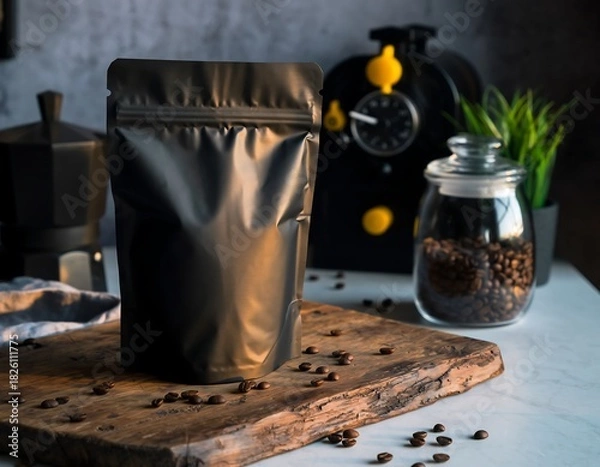 Fototapeta Dark and Moody Product Shot Coffee Bean Packaging with Machine