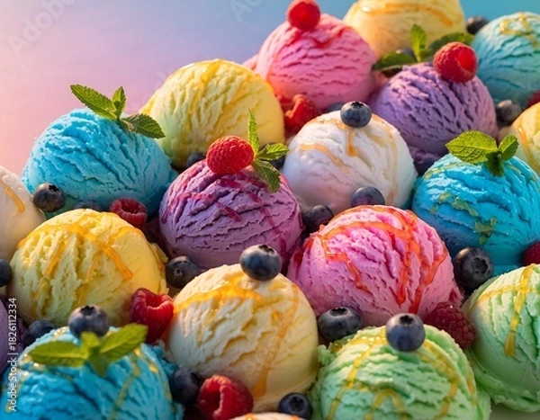 Fototapeta Colorful and Delicious Ice Cream Scoops Close Up with Fresh Berries