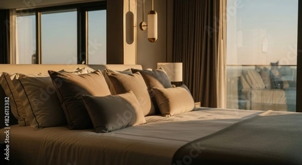 Fototapeta hotel room interior with a bed and Kushans reflection of sunlight passing through window 