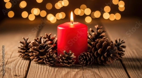 Fototapeta Festive red candle with pinecones on rustic wood, warm bokeh lights.