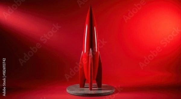 Fototapeta Sleek red rocket model on a round stone base, representing startup success