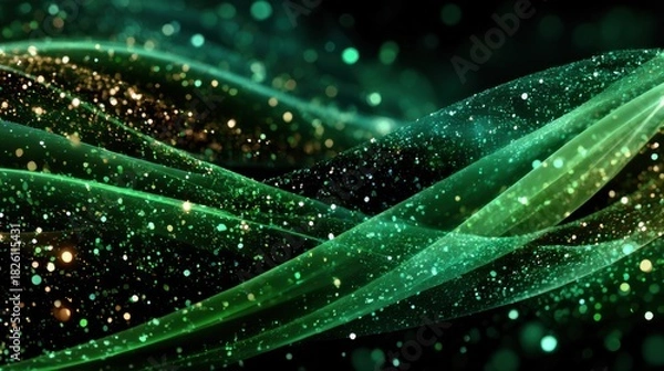 Obraz Flowing green waves with shimmering particles create a mesmerizing visual effect in a dark background