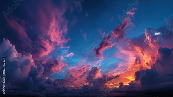 Obraz Stunning sunset over a vibrant sky filled with dramatic clouds and colors in early evening