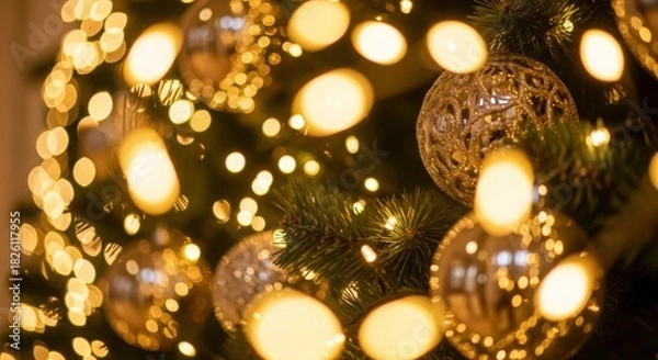Fototapeta Golden christmas tree with sparkling lights and ornaments bokeh effect