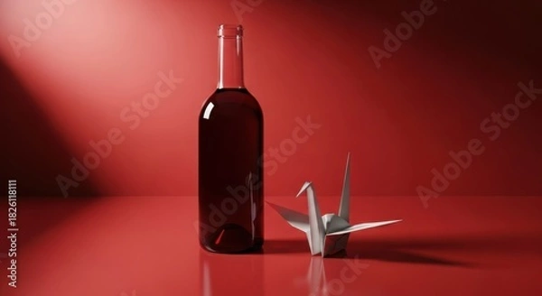 Fototapeta Red wine bottle, white origami crane, elegant still life on red backdrop.