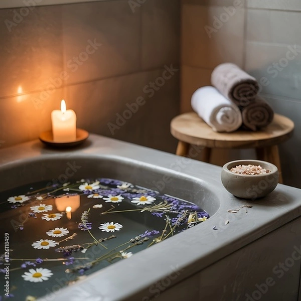 Fototapeta Relaxing bath with candles and flowers in a spa setting