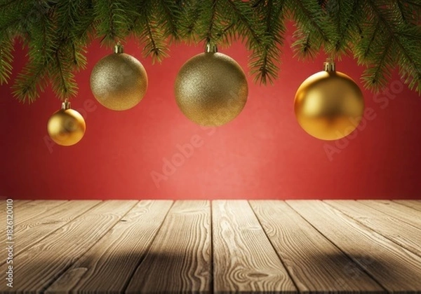 Fototapeta Golden christmas ornaments, pine branches, wooden table, red background