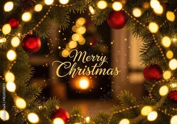 Fototapeta Merry christmas" greeting framed by festive fir tree branches and bokeh lights.