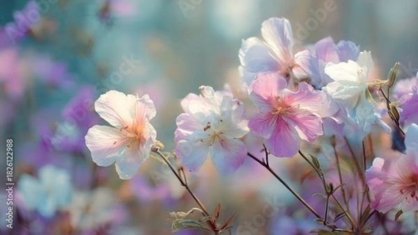 Fototapeta Close-up of Delicate Pastel Spring Flowers with Soft Bokeh Background and Bright Natural Sunlight, Symbolizing Renewal, Growth, and Gentle Beauty