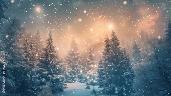 Fototapeta Snowy winter forest with pine trees glowing in warm golden light. Peaceful atmospheric holiday scene.
